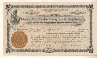 1915 Stock Certificate Stanley Consolidated Mining Milling Co Spokane Wa No 962