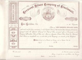 Stock Certificate The Crescent Silver Company Of Cincinnati/mines Argentine & Co