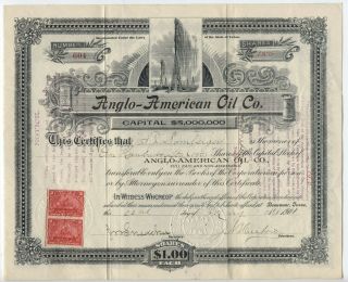 1901 Anglo - American Oil Co.  Capital Stock Certificate Oil Gusher W/stamp [y3728]