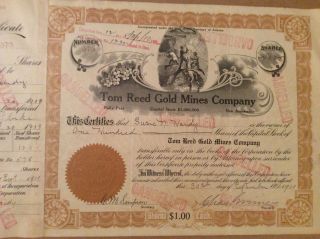 Territory Of Arizona Mining Stock Certificate Tom Reed Gold Mines 1909