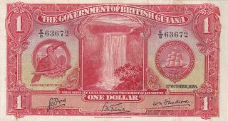 1 Dollar Vg - Fine Banknote From British Guyana 1938 Pick - 12 Rare