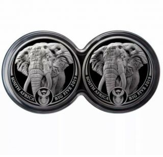 2019 1 Oz South African Big - 5 Elephant.  999 Silver Proof 2 Coin Set