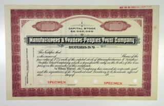 Ny.  Manufacturers & Traders - Peoples Trust Co. ,  1920s Specimen Stock Certificate