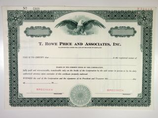 Md.  T Rowe Price & Associates Inc,  1960s Specimen Stock Certificate,  Xf