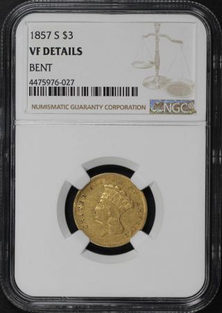 1857 - S $3 Gold Indian Princess Head Ngc Vf Details Bent - 181245
