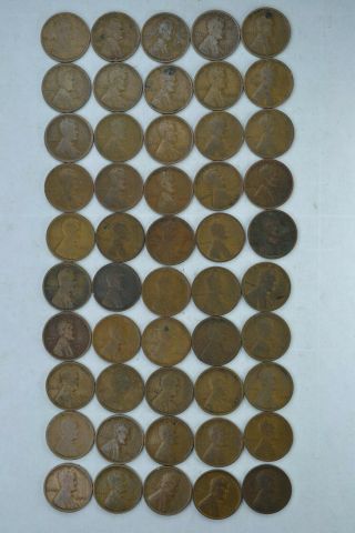 Roll Of 50 Circulated 1917 P Lincoln Wheat Cents