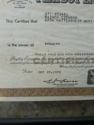 Playboy Issued Stock Certificate One Share Willy Rey Two - Sided Glass Frame 1975 7