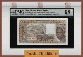Tt Pk 207bi 1990 West African States /benin 1000 Francs Pmg 68 Epq Top & Finest