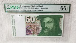 Switzerland National Bank Pick 56h 1988 50 Franken Pmg 66 Epq Gem Unc