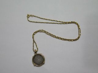 Mexico Spanish Colony 1766 M 1/2 Real Coin ✮ 14kt Gold Set Bezel & Chain ✮cheap✮