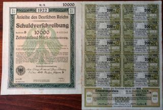 Germany 1922 Deutschen Reichs 10000 Mark Coupons Unc Bond Loan Share Anleihe
