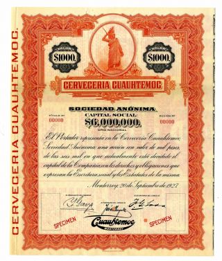 Mexico.  Cerveceria Cuauhtemoc 1927,  $1000 Specimen Vf Beer Brewery Abn