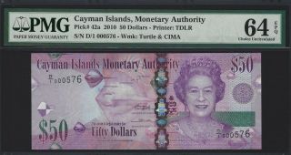 2010 Cayman Islands $50 Dollars,  P - 42a D/1 Prefix Sn 576,  Pmg 64 Epq Unc,  Qeii