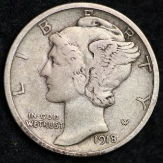 Xf 1918 D Mercury Silver Dime Coin