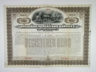 Ks.  Atchison,  Topeka & Santa Fe Railway Co 1903 $1000 Ser K Reg 4 Specimen Bond
