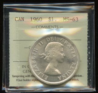 1960 Canada $1 Silver Dollar Iccs Ms - 63 Cert Xqe271