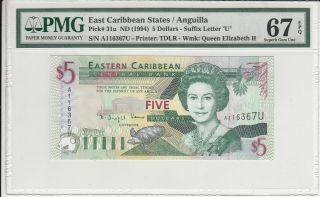 East Caribbean States 5 Dollars 1994 P - 31u Pmg Gem Unc 67 Epq