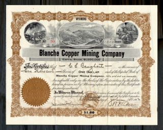 1902 Blanche Copper Mining Company Stock Certificate Battle Wyoming