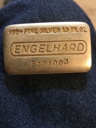 Engelhard 10 Tr.  Oz 999,  Fine Silver Bullion Bar.  Low Serial P101003