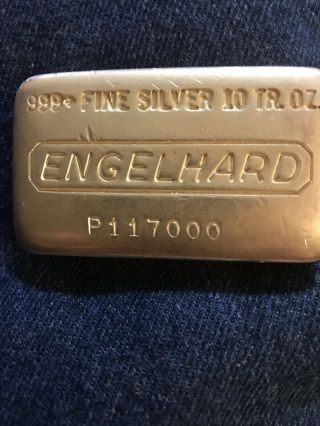 Engelhard 10 Tr.  Oz 999,  Fine Silver Bullion Bar.  Low Serial P117000