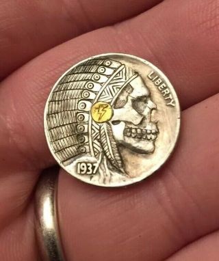 Hobo Nickel Hand Carved Engraved Ohns Native American Gold Inlay Skull