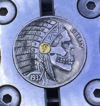 Hobo Nickel Hand Carved Engraved OHNS Native American gold inlay Skull 2