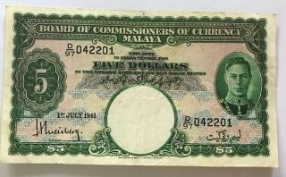 Malaya Malaysia $5 P12 1941 King George Vi Currency Money Bill Bank Note