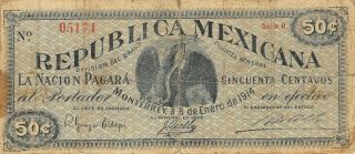 México 50 Centavos Monterrey 8.  1.  1914 Series D Circulated Banknote Mxred