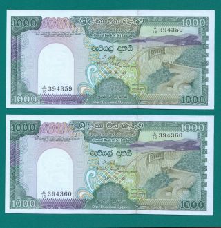 Two Consecutive Ceylon Sri Lanka 1000 Rupee 1987.  01.  01 - Unc