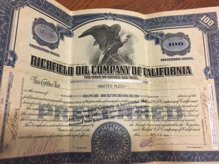 RICHFIELD OIL CO OF CALIFORNIA 100 SHARES PREFERRED STOCK CERTIFICATE 1934 2