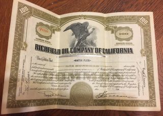 Richfield Oil Co Of California 100 Shares Common Stock 1934 Delaware