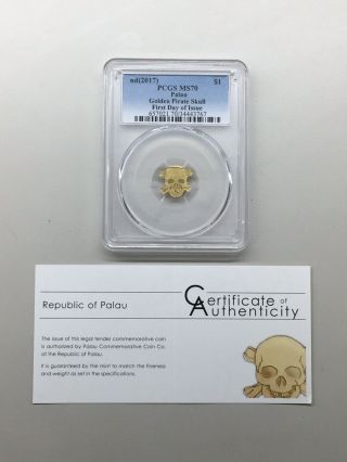 2017 Palau $1 Golden Pirate Skull Ms 70 First Day Of Issue Gold Coin W/