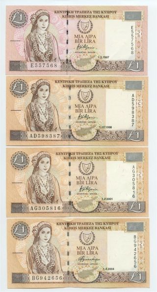 Cyprus 1997,  1998,  2001,  2004 4 X 1 Pound P 57,  60b,  60c,  60d Unc - Pvv