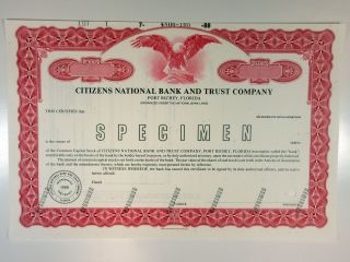 Port Richey,  Fl.  Citizens National Bank & Trust Co 1988 Specimen Stock Cert Abn
