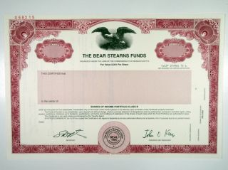 Ma.  Bear Stearns Funds,  2000 Class B Specimen Stock Certificate,  Xf