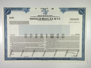 Telefonos De Mexico,  Sa De Cv,  1988 Specimen Adr Certificate,  Xf Abnc