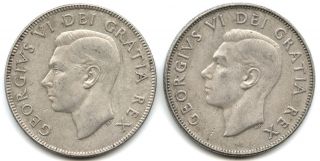 Set Of 2 1950 Canada Design & No Design Silver Half Dollars