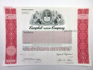 Nj.  Campbell Soup Co.  1960 - 70s Specimen Stock Certificate 100 Shrs Xf Scbn Green