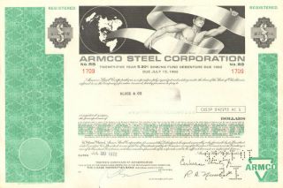Armco Steel Corporation Greater Than $5,  000 Ohio Bond Certificate Stock Share