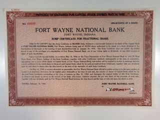 In.  Fort Wayne National Bank 1960 Specimen Stock Certif 1/7th Shr Xf Abn Brown