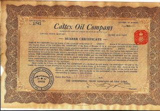 Stock Certificate Caltex Oil Company 1919 Uncancelled State Of York 50 Share
