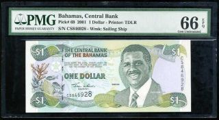 Bahamas 1 Dollar 2001 P 69 Gem Unc Pmg 66 Epq Nr
