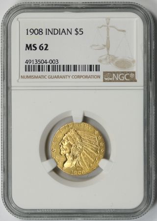 1908 Indian Head Half Eagle Gold $5 Ms 62 Ngc