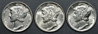 1941,  1941 - D,  & 1941 - S 10c Silver Mercury Dimes - (3) Coins All Grade Ch Bu,  Do17