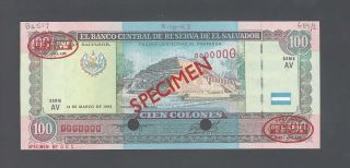 El Salvador 100 Colones 1 - 3 - 1993 P140s Specimen Tdlr N001 Aunc - Unc