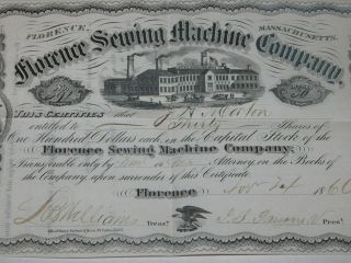 1866 Florence Sewing Machine Company Capital Stock Certificate Springfield MA 2