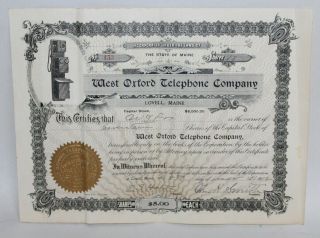 Rare Antique Stock Certificate 1918 West Oxford Telephone Company Maine 2