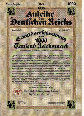 Germany 1000 Rm Bond State Bank Dated 1935 Third Reich Eagle