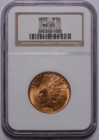 Ngc Graded 1932 Gold Indian Head Eagle $10 Coin Certified Ms 63