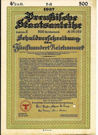 Germany Prussian State Bearer 500 Rm Bond 1937 Third Reich With Red Eagle